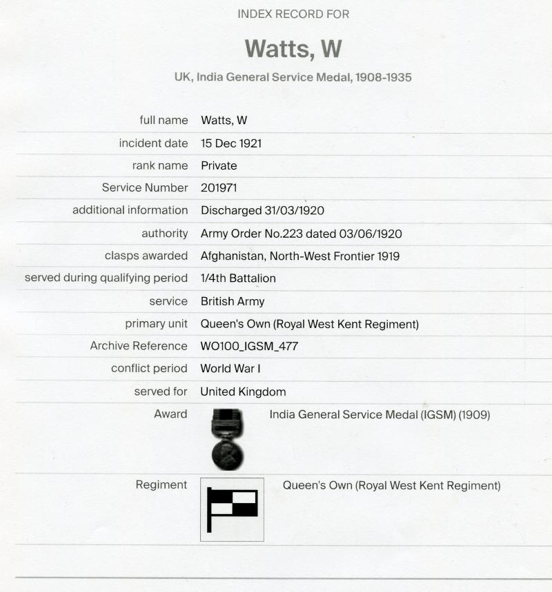 WW1 & Afghanistan Medal Group To Pte William Watts,1/4th Battalion Queen's Own (Royal West Kent Regiment)