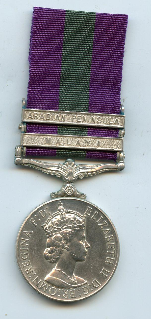 General Service Medal 1918-62 2 Clasps : Malaya, Arabian Peninsula To Cpl D. G. James, Royal Army Service Corps