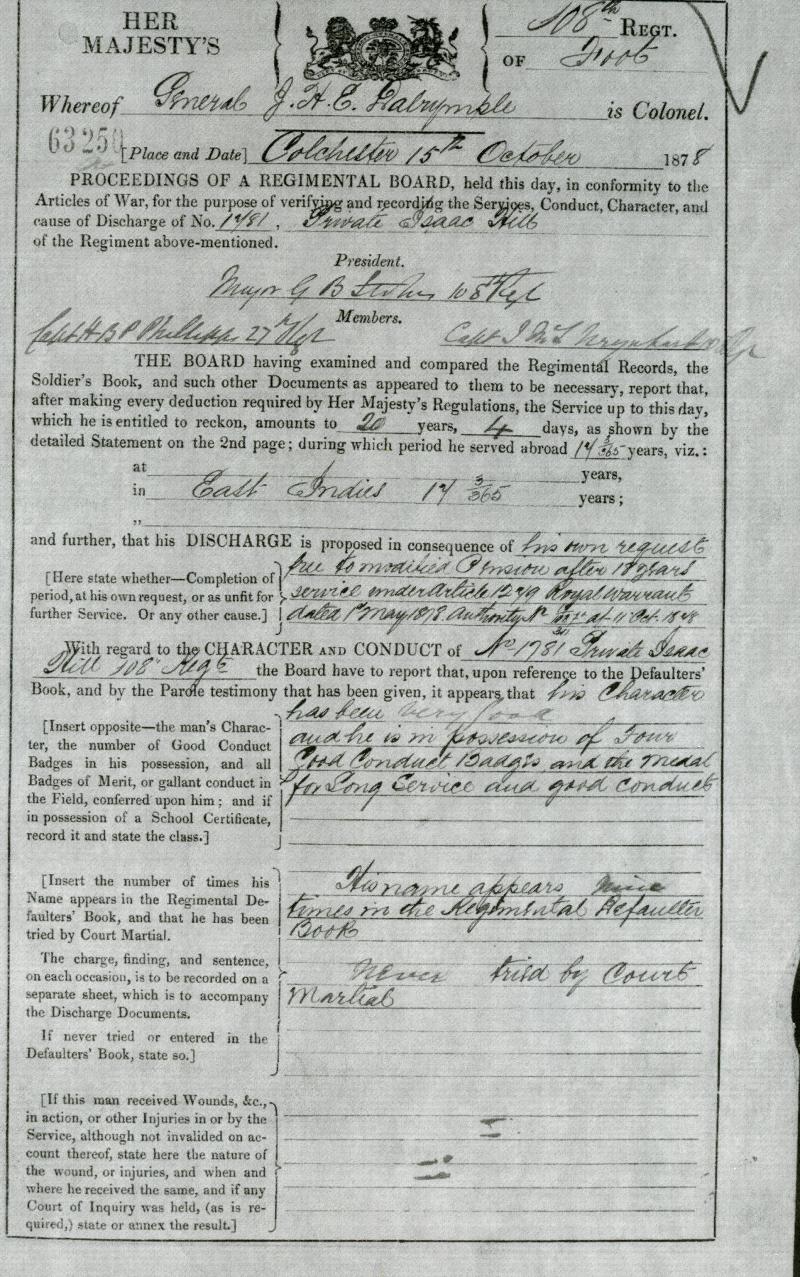 Army Long Service and Good Conduct Medal : To Pte Isaac Hill,108th Regiment of Foot (Madras Infantry)