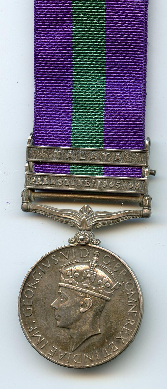 General Service Medal 1918-62 2 Clasps Palestine 1945-48; Malaya  Pte H Humphreys, Royal Army Ordnance Corps