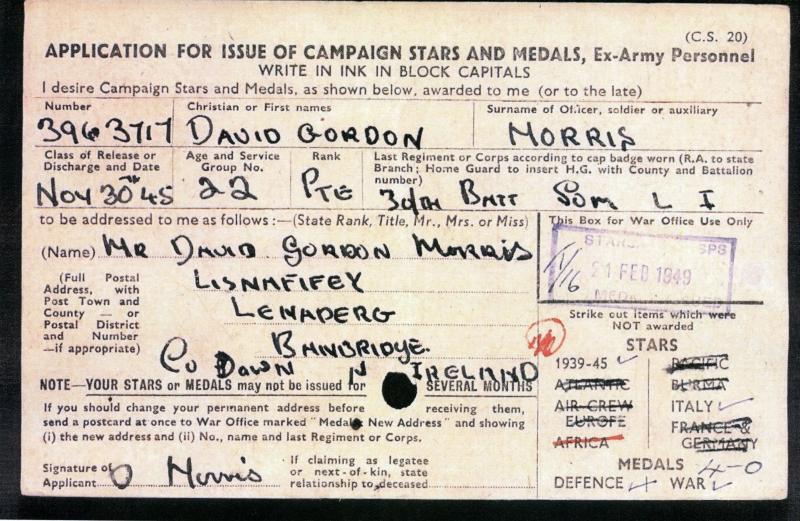 WW2 Territorial Medal Group to Pte David Gordon Morris, Somerset Light Infrantry ( From Banbridge County Down)