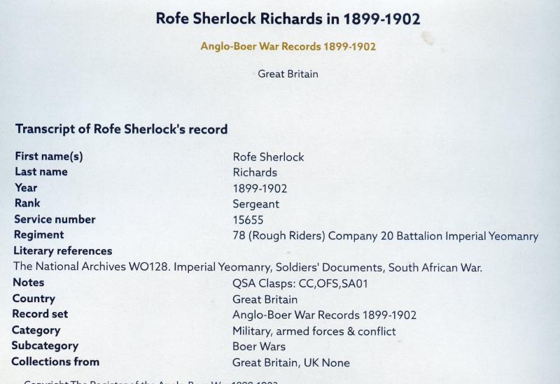 Queens South Africa Medal 1899-1902 3 Clasps To Sgt Rofe Sherlock Richards, 20th Battalion, Imperial Yeomanry, City of London Yeomanry (Rough Riders),