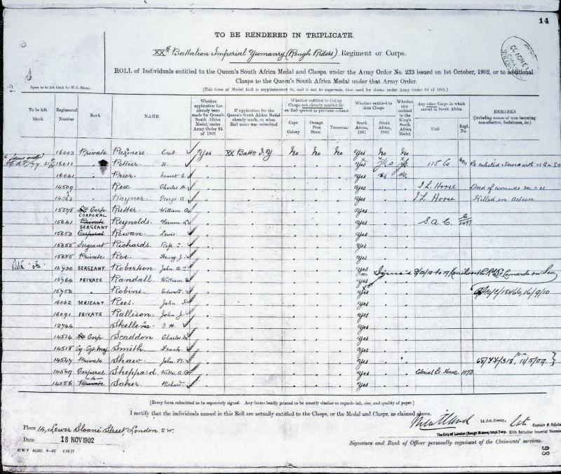 Queens South Africa Medal 1899-1902 3 Clasps To Sgt Rofe Sherlock Richards, 20th Battalion, Imperial Yeomanry, City of London Yeomanry (Rough Riders),