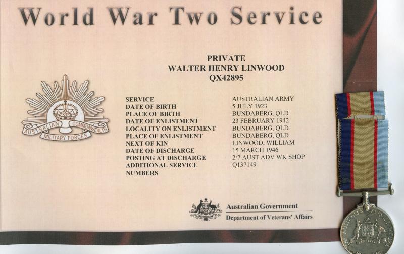 Australia  WW2 War Service Medal 1939-1945 To walter Henry Linwood