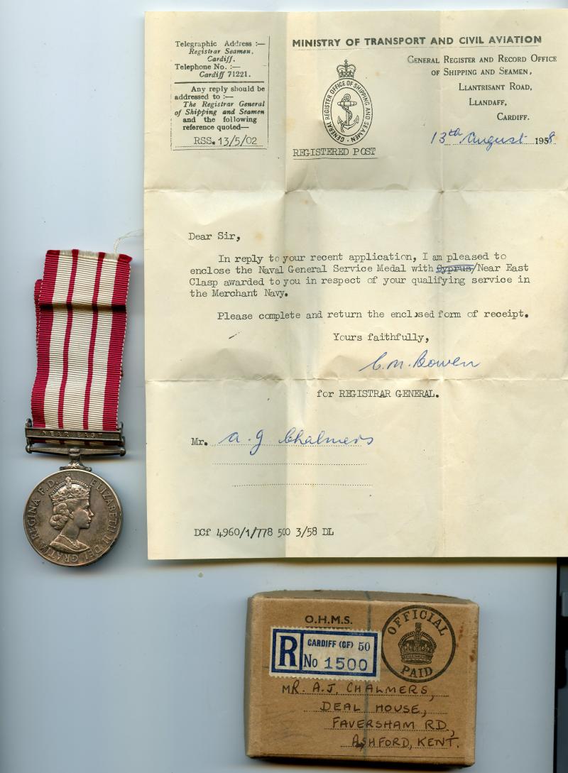 Naval General Service Medal 1909-62 Near East To A J Chalmers, Merchant Navy