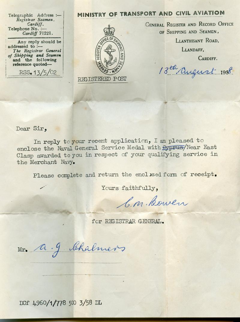 Naval General Service Medal 1909-62 Near East To A J Chalmers, Merchant Navy