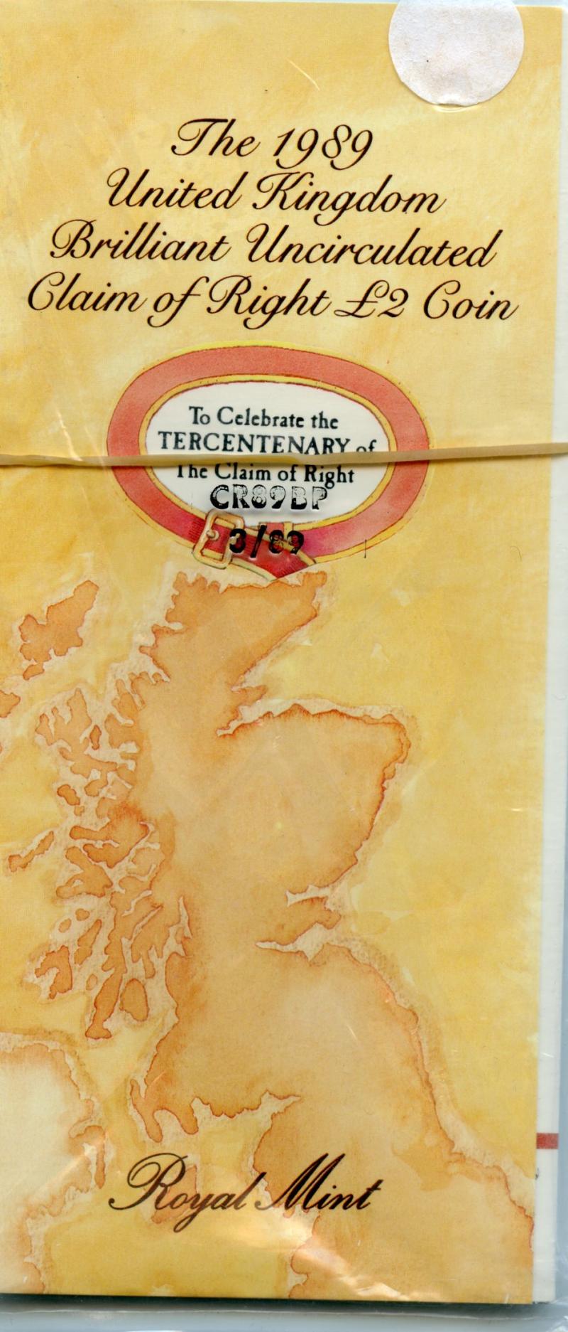 UK Royal Mint The Claim of Rights 1989 Brilliant Uncirculated £2 Pound