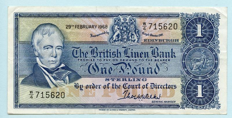 British Linen Bank  £1 One Pound Banknote Dated 29th February 1968