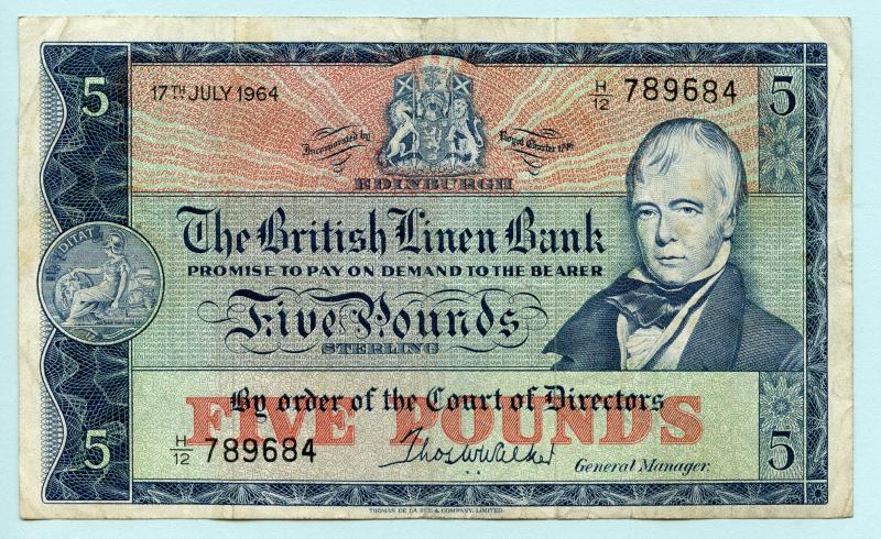 British Linen Bank  Five Pounds Banknote Dated 17th July 1964