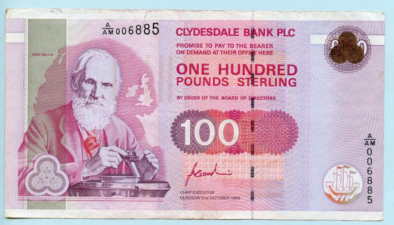 The Clydesdale Bank  £100 One Hundred Pounds Banknote Dated 2nd October 1996