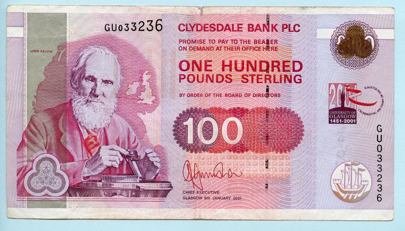 The Clydesdale Bank   £100 One Hundred Pounds Banknote Glasgow university Commemorative 1451-2001 Dated 6th January 2001