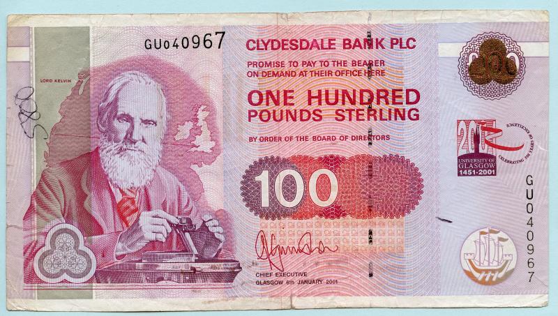 The Clydesdale Bank £100 One Hundred Pounds Banknote Glasgow university Commemorative 1451-2001 Dated 6th January 2001
