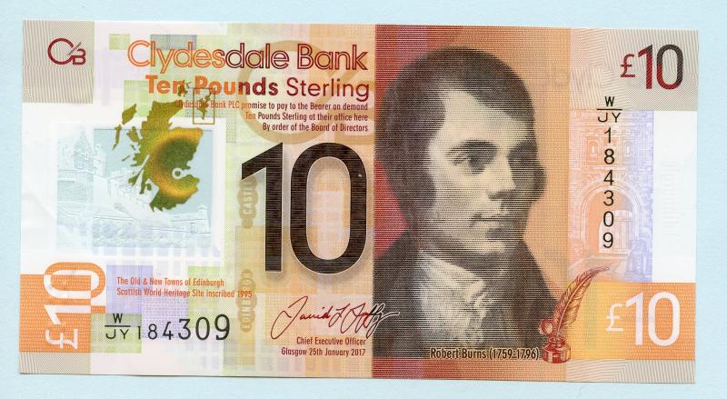 The Clydesdale Bank New Polymer £10 Ten Pounds Banknote Dated 29th January 2017