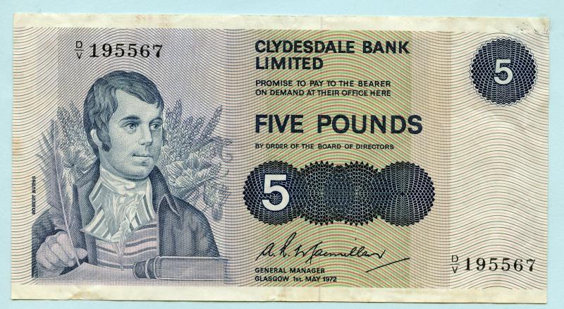 Clydesdale Bank  £5 Five Pounds Note Dated 1st May 1972