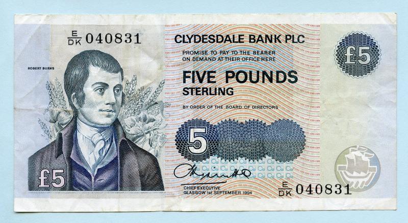 Clydesdale Bank  £5 Five Pounds Note Dated 1st September  1994