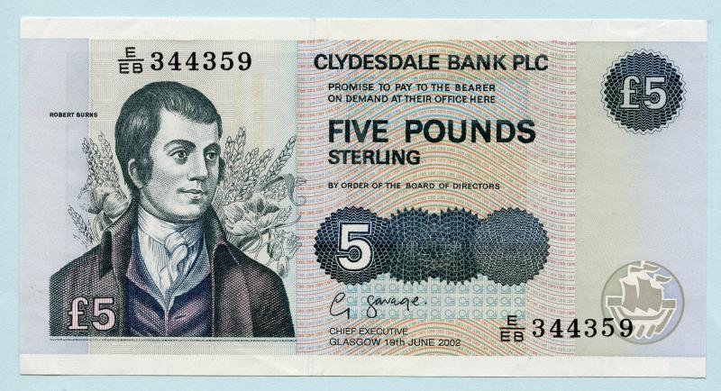 Clydesdale Bank  £5 Five Pounds Note Dated 19th June 2002