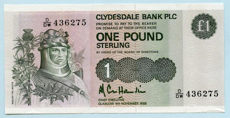 Clydesdale Bank £1 One Pound Note Dated 9th November 1988
