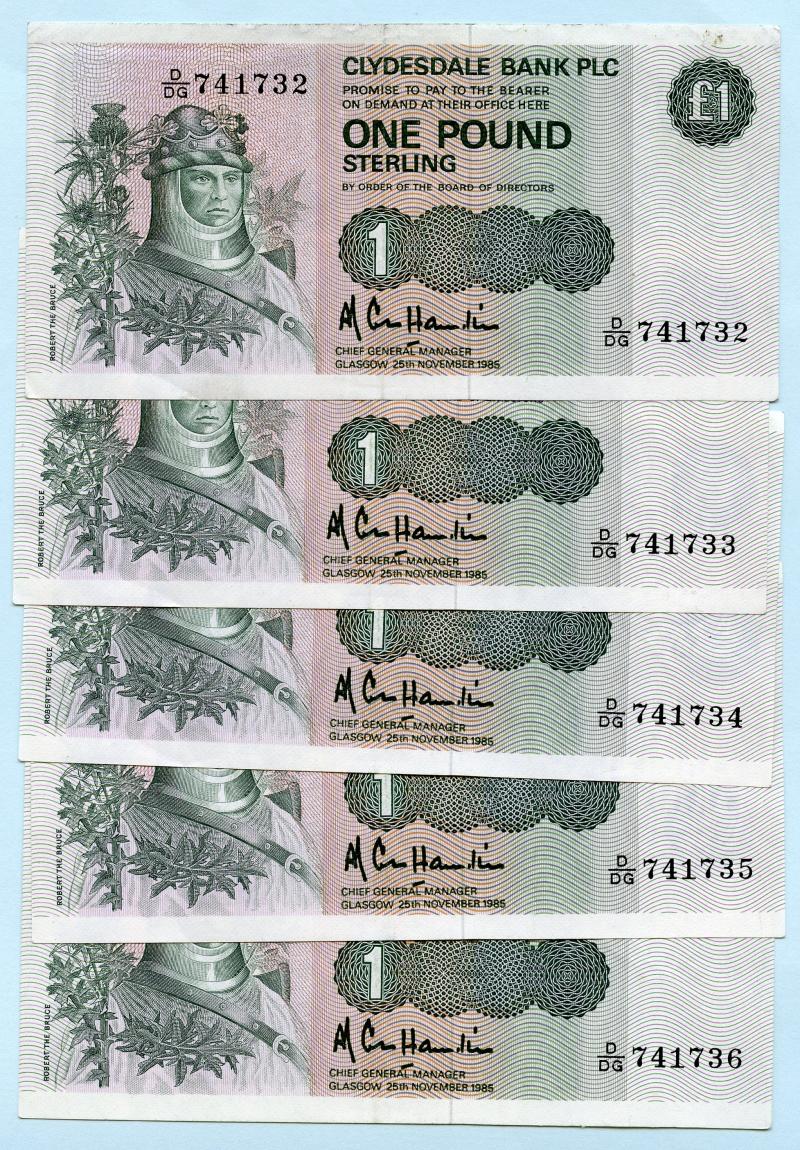 Clydesdale Bank 5 X £1 One Pound Notes Dated 25th November 1985