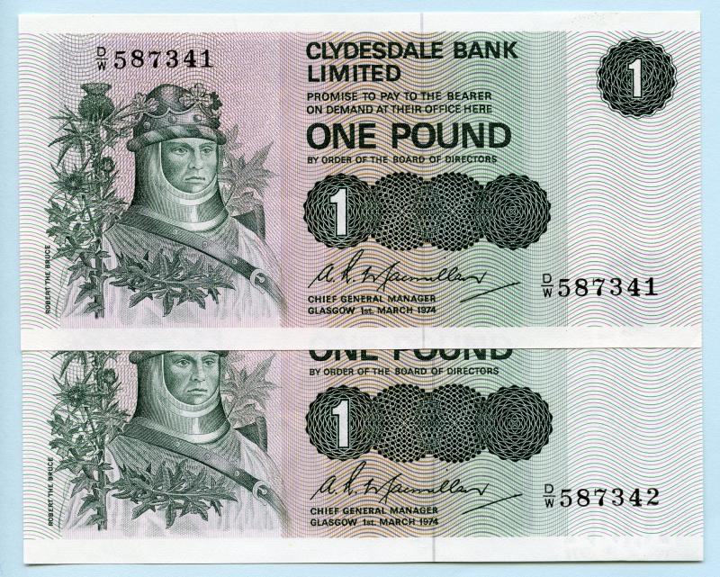 Pair of Clydesdale Bank  £1 One  Pound Notes Dated 1st  March  1974