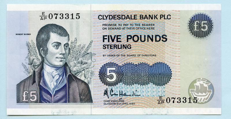 Clydesdale Bank £5 Five Pounds Notes Dated 2nd April 1990