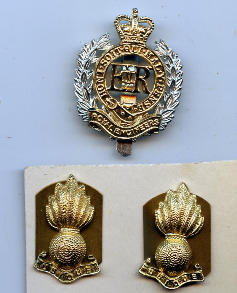 Royal Engineers Anodised   Cap Badge with  pair of Collar Badges