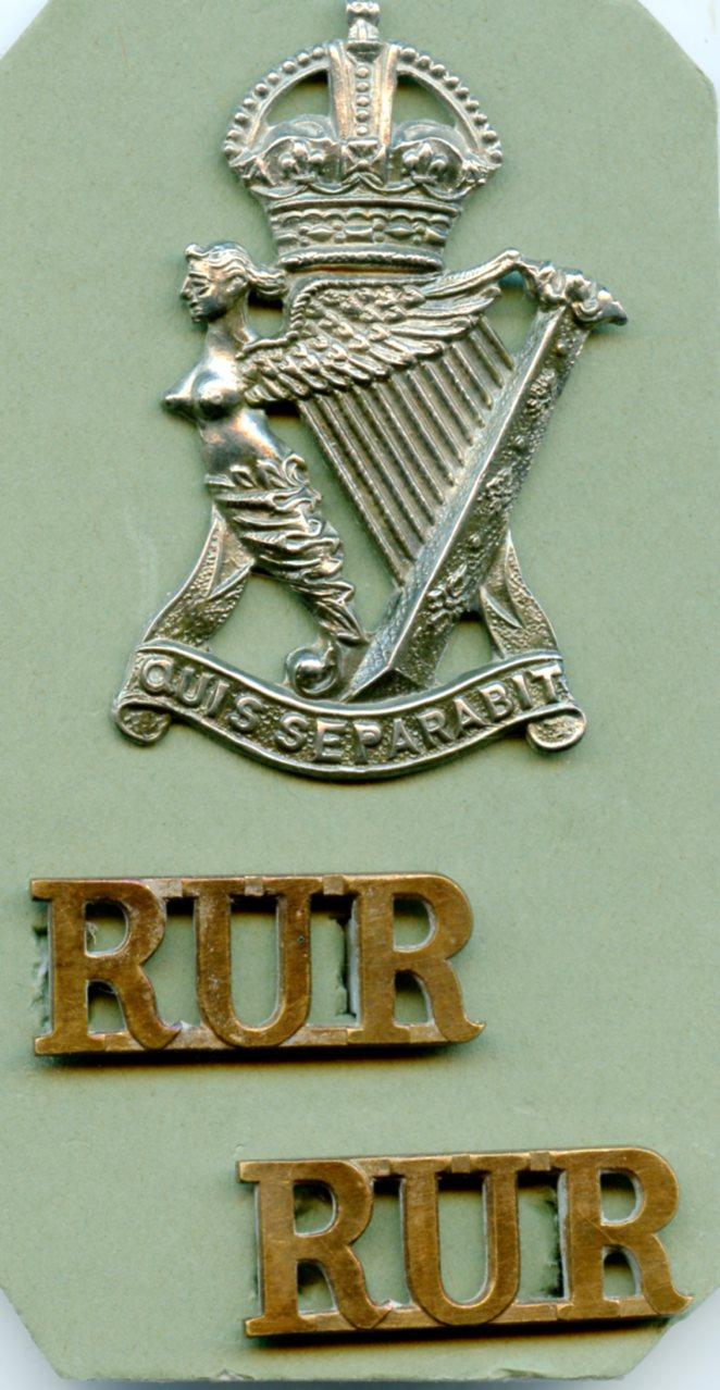 Royal Ulster Rifles Cap Badge with Pair of R.U.R. Shoulder Title Badges