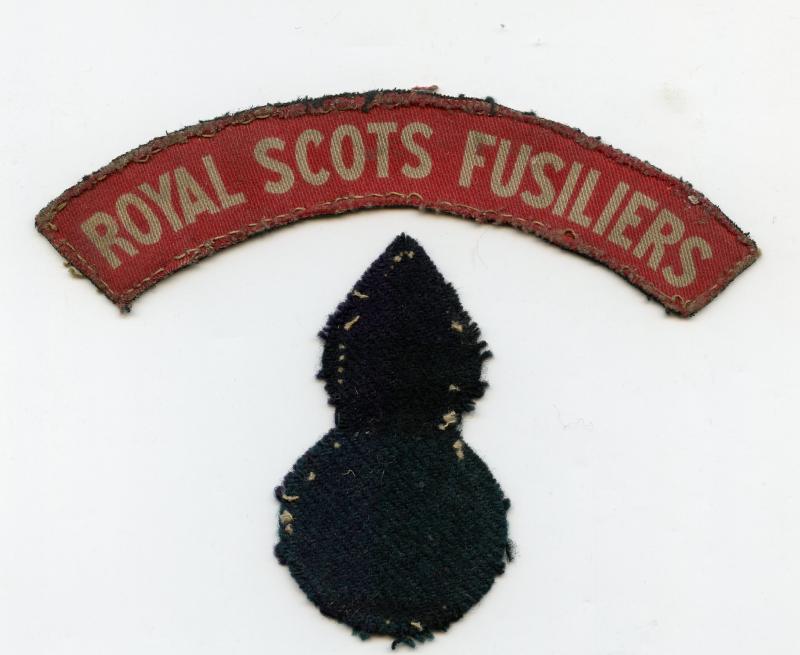 WW2 Cloth RSF  (Royal Scots Fusiliers) Cloth Shoulder Title Badge with cloth bursting bomb