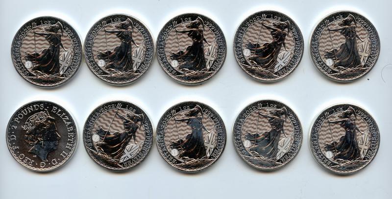 10 x 2022 1oz Silver Britannia Coins