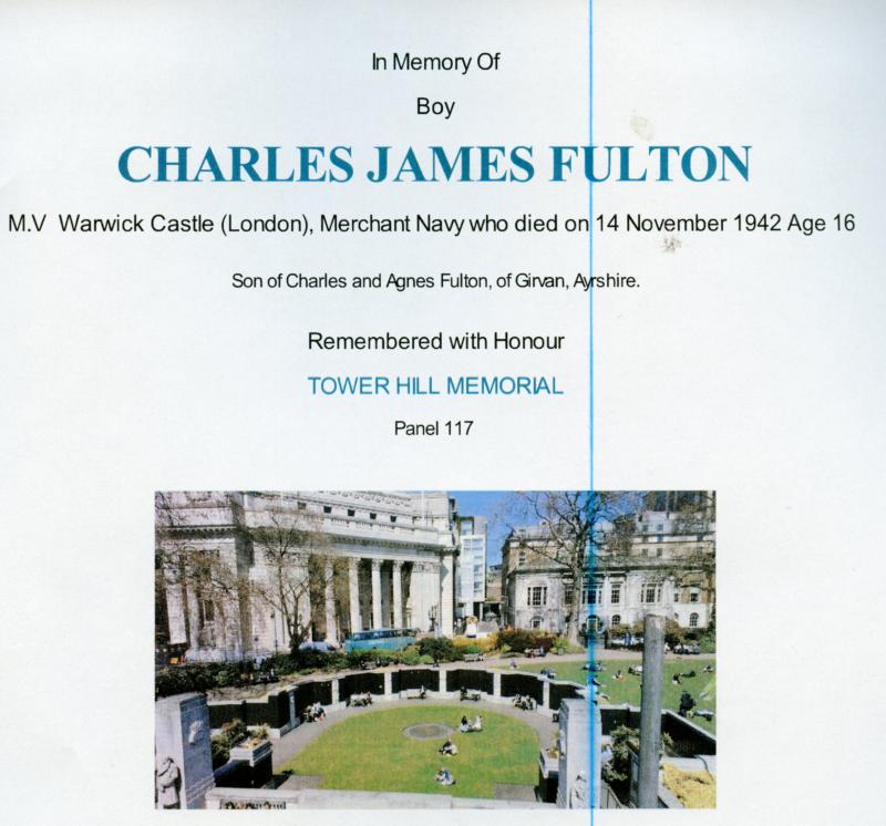 WW2 Merchant Navy Casualty Group To Boy Charles James Fulton M.V.Warwick Castle