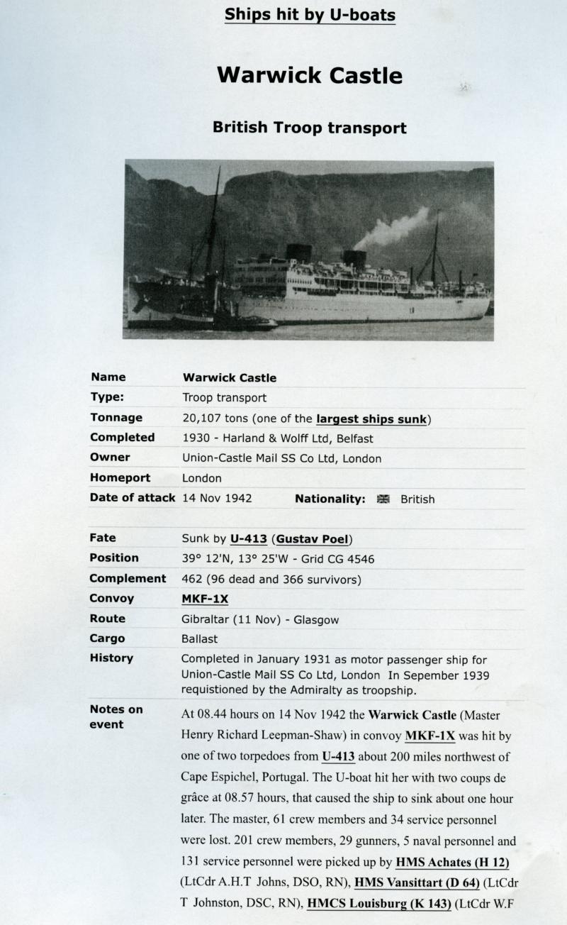 WW2 Merchant Navy Casualty Group To Boy Charles James Fulton M.V.Warwick Castle