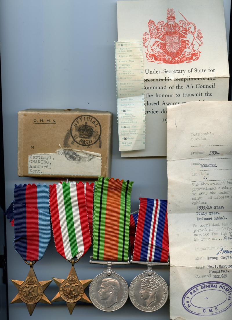 WW2 Boxed Medal Group to Group Captain J Bowater, RAF No 1 General Hospital C.M.F.