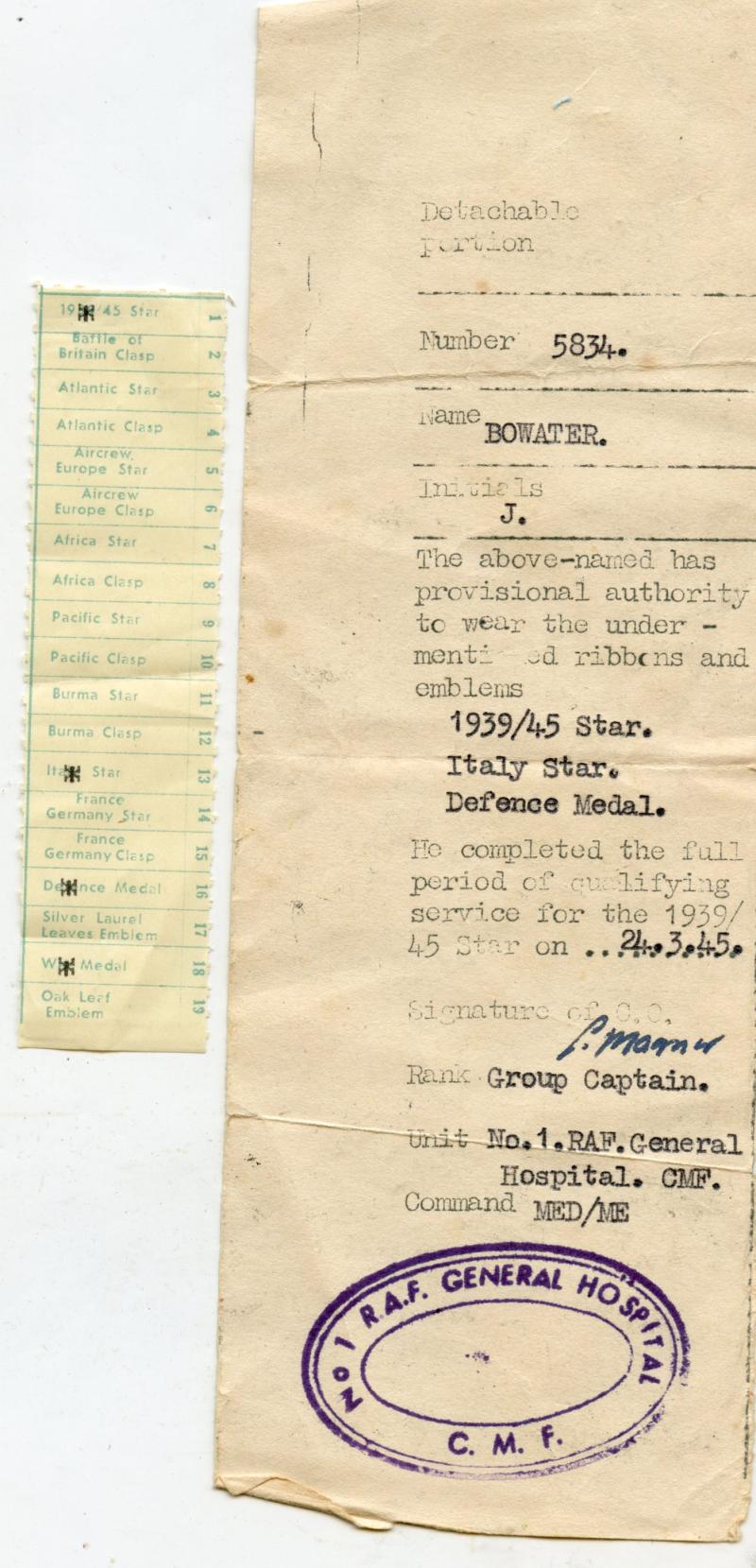 WW2 Boxed Medal Group to Group Captain J Bowater, RAF No 1 General Hospital C.M.F.