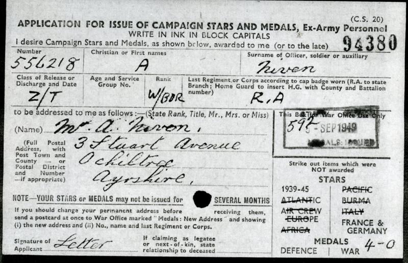 WW2 Territorial Medal Group to Bombardier Andrew Niven, Royal Artillery ( From Ochiltree Ayrshire)