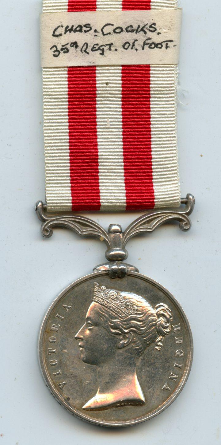 India Mutiny Medal 1857 To Pte Charles  Cocks, 35th (Royal Sussex) Regiment Of Foot