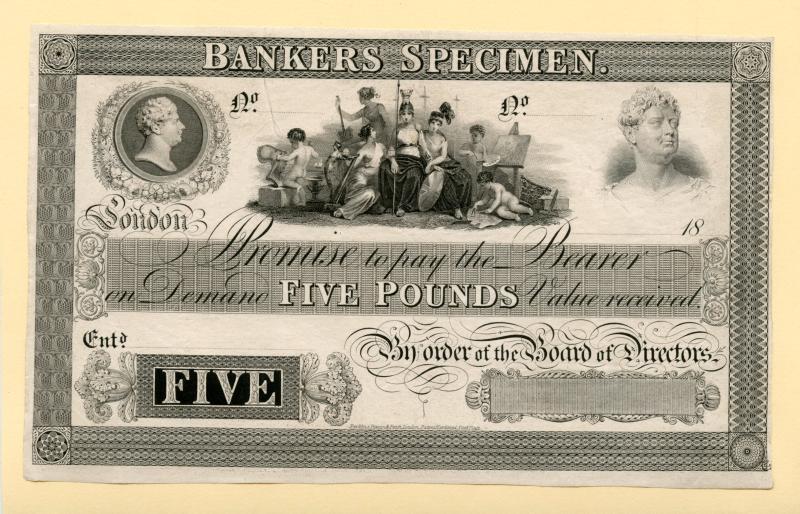 England Perkins, Bacon & Petch  £5 Bankers  Specimen,  Note 1830s,
