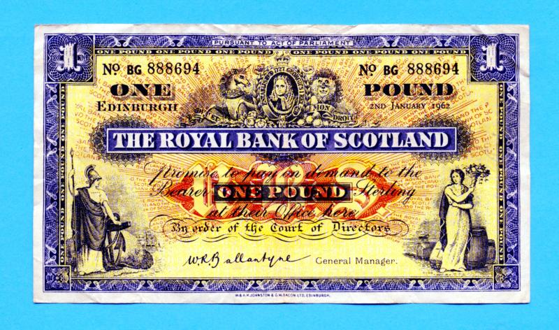 Royal Bank of Scotland   £1 One Pound Note Dated 2nd January 1962
