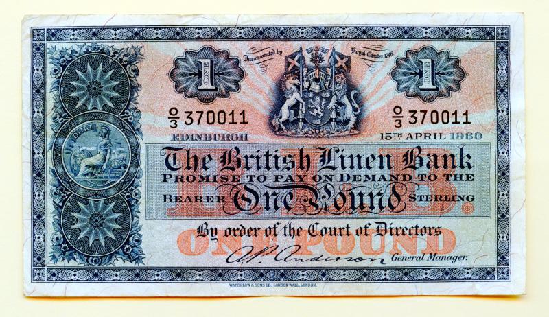 British Linen Bank  £1 One Pound Banknote Dated 15th April  1960