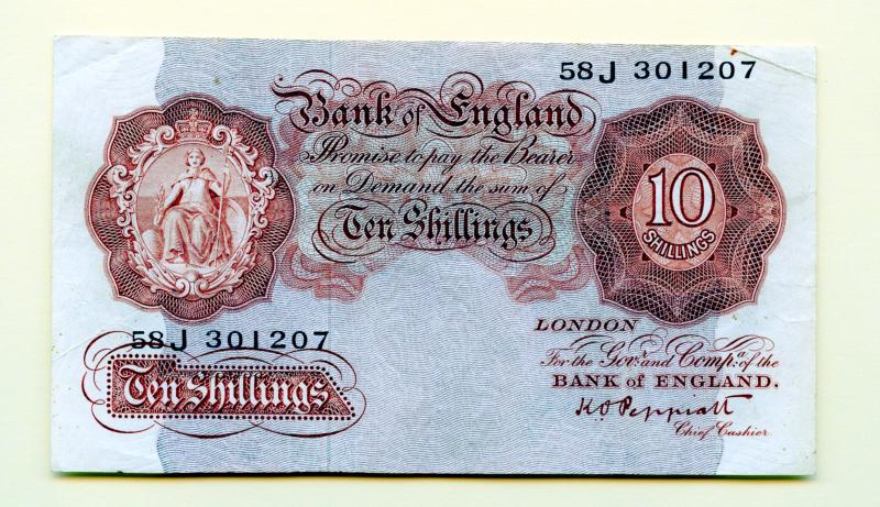 Bank of England Ten Shillings Note  October 1948  Signature K.O.Peppiatt Serial 58J