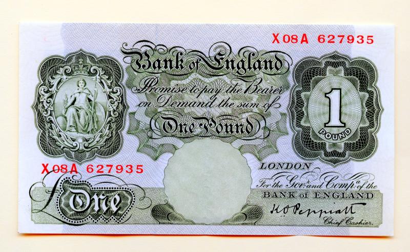 Bank of England £1  One Pound Note  September 1948 Signature  K.O. Peppiatt Serial X08A