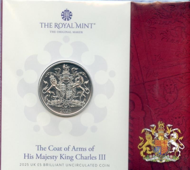 UK 2025  Coat of Arms King Charles III  Brilliant Uncirculated £5 Coin