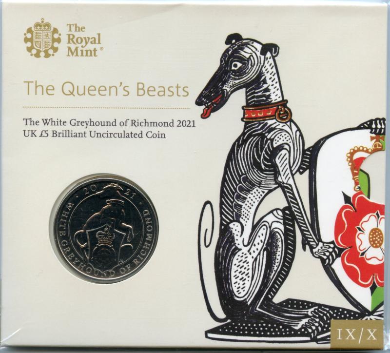 UK  2020 The Queen's Beasts The White Greyhound of Richmond Brilliant Uncirculated £5 Coin