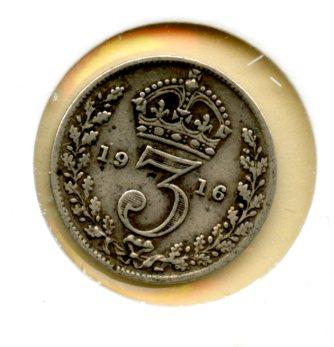 UK George V Three Pence Coin Dated 1916