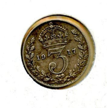 UK George V Three Pence Coin Dated 1917