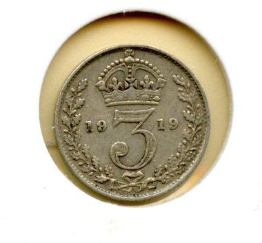 UK George V Three Pence Coin Dated 1919