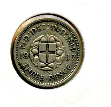 UK George VI Three Pence Coin Dated 1937