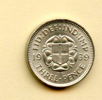 UK George VI Three Pence Coin Dated 1939