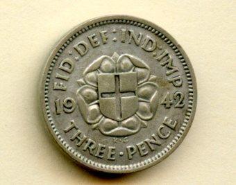 UK George VI Three Pence Coin Dated 1942