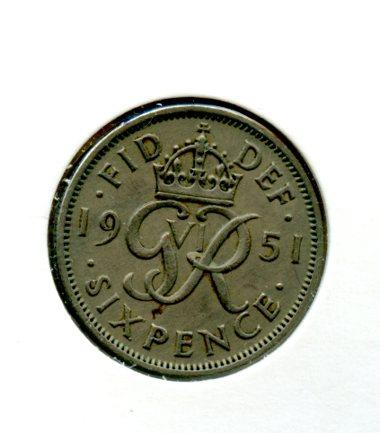 U.K. George VI Sixpence Coin Dated 1951