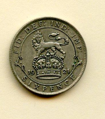 U.K. George V Sixpence Coin Dated 1921