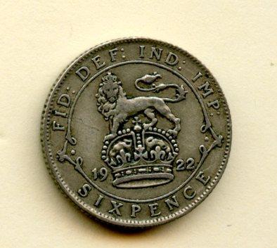 U.K. George V Sixpence Coin Dated 1922